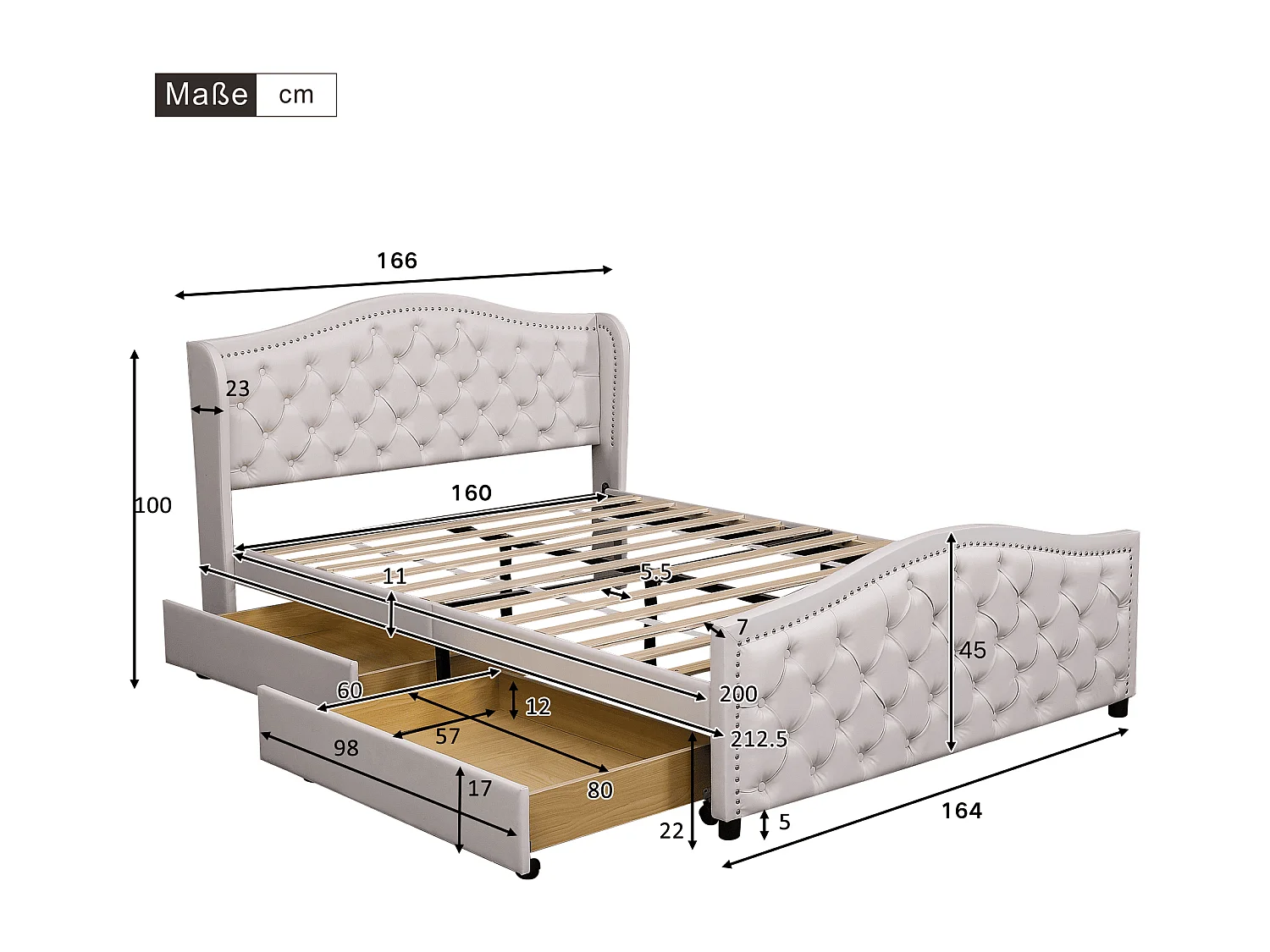Gestoffeerd bed met lattenbodem en hoofdeinde,Extra bed voor tieners,2 lades en hoofdeinde met klinknagels,houten lattenbodem,160 x 200 cm,Wit,Zonder matras