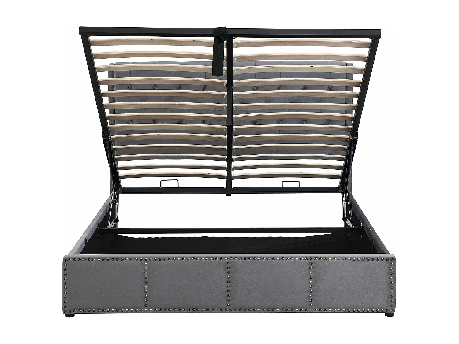 Lit rembourré avec levier hydraulique,lit fonctionnel de rangement,ornementation de rivets,140 x 200 cm, sans matelas, velours, gris