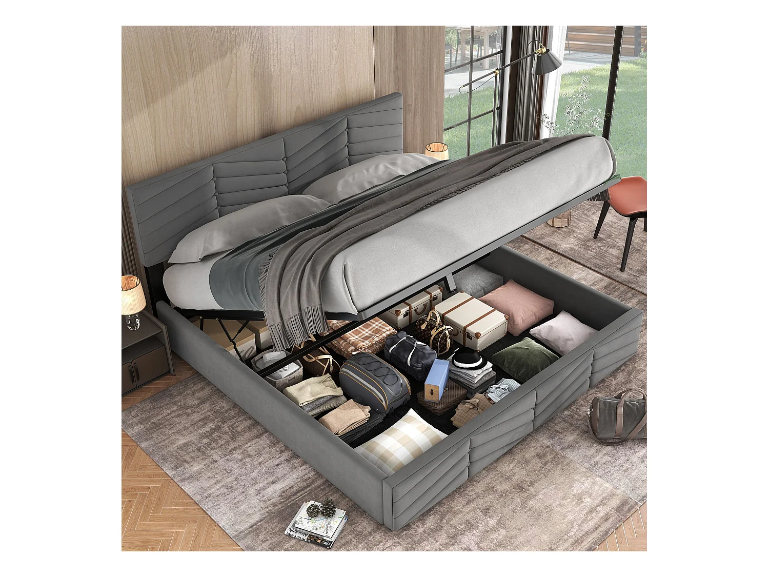 Gestoffeerd bed Opbergbed voor tieners met hydraulische opbergvakken,in hoogte verstelbaar hoofdbord,tweepersoonsbed 180 x 200 cm,grijs,zonder matras