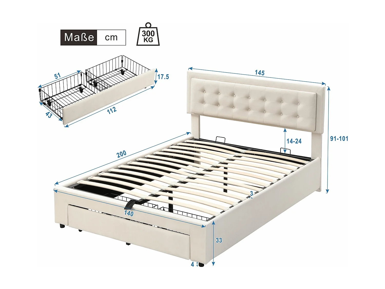 Lit rembourré avec sommier à lattes et tête de lit, Lit de rangement, Hydraulique, avec 2 tiroirs, support de lattes en bois,140x200 cm,beige,Sans matelas