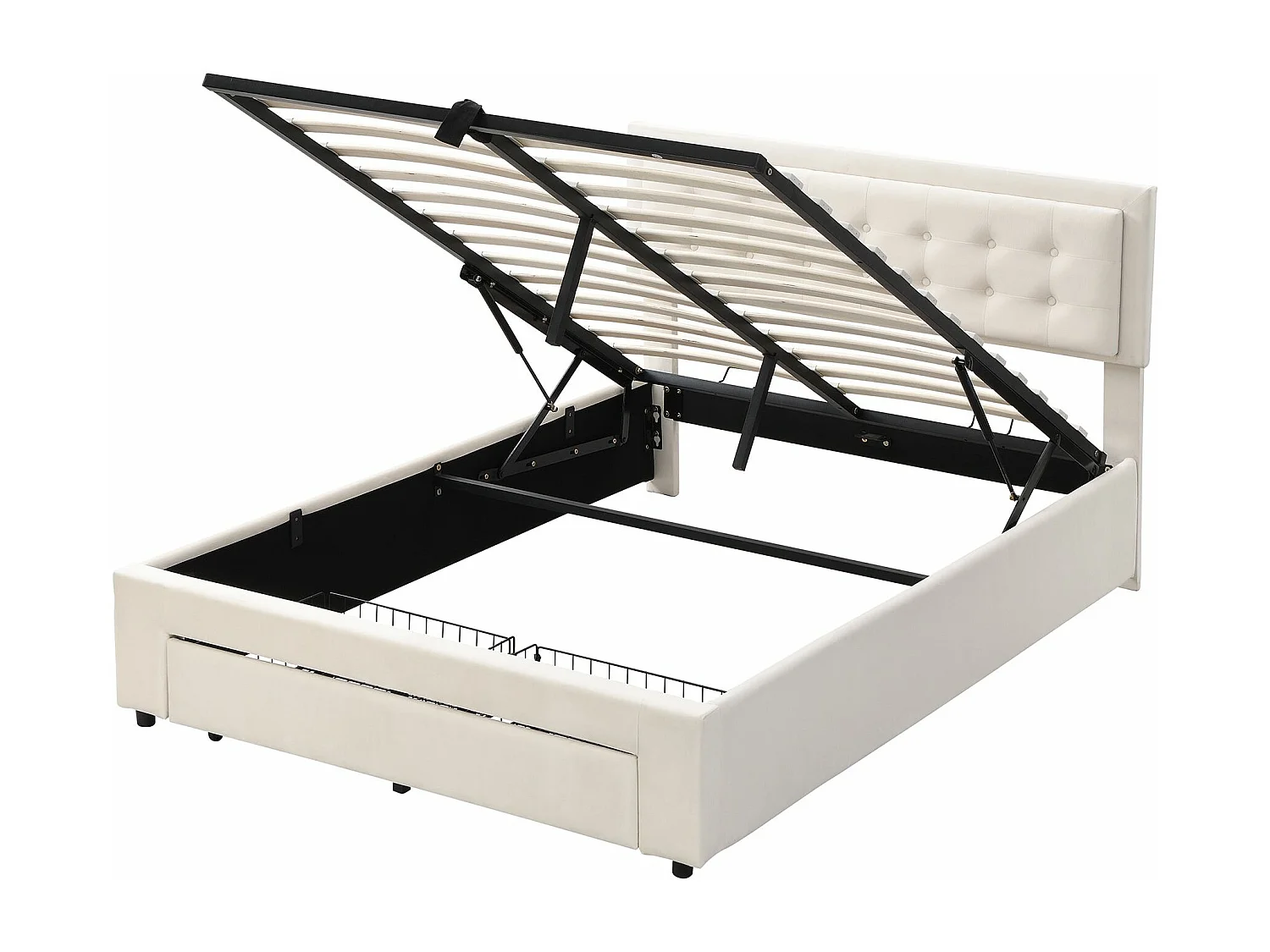 Lit rembourré avec sommier à lattes et tête de lit, Lit de rangement, Hydraulique, avec 2 tiroirs, support de lattes en bois,140x200 cm,beige,Sans matelas