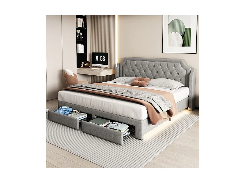 Lit rembourré avec sommier à lattes et tête de lit, avec 2 tiroirs, lit LED, lit d'adolescent,support de lattes en bois,180x200 cm,lin,gris,Sans matelas