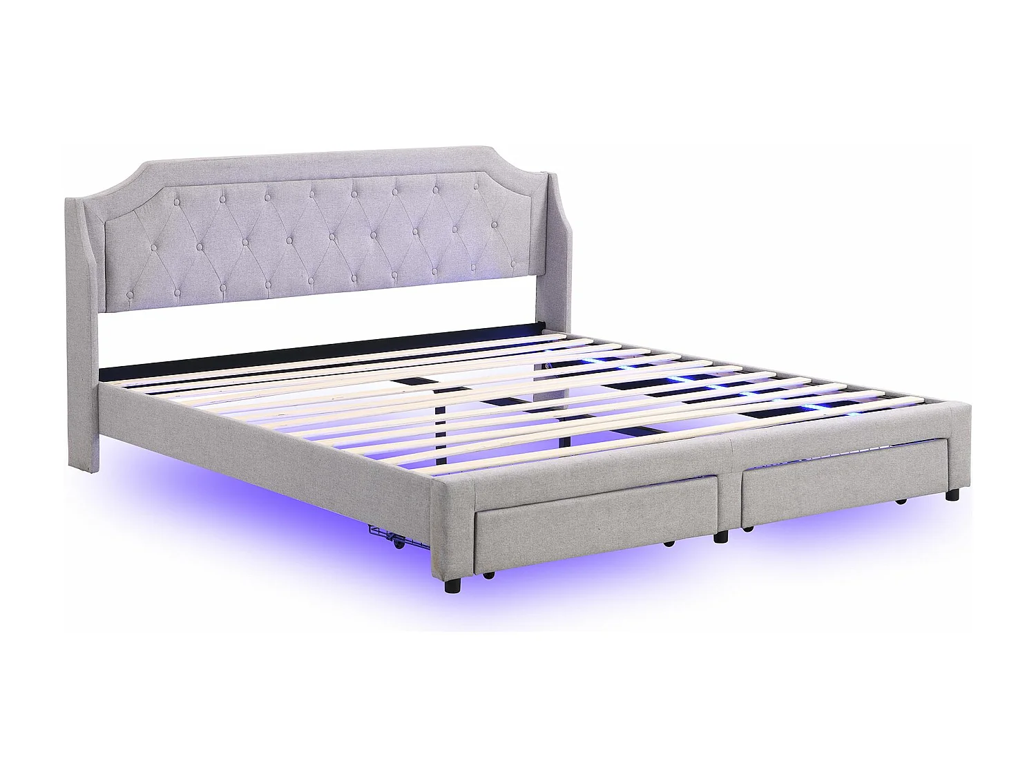 Lit rembourré avec sommier à lattes et tête de lit, avec 2 tiroirs, lit LED, lit d'adolescent,support de lattes en bois,180x200 cm,lin,gris,Sans matelas