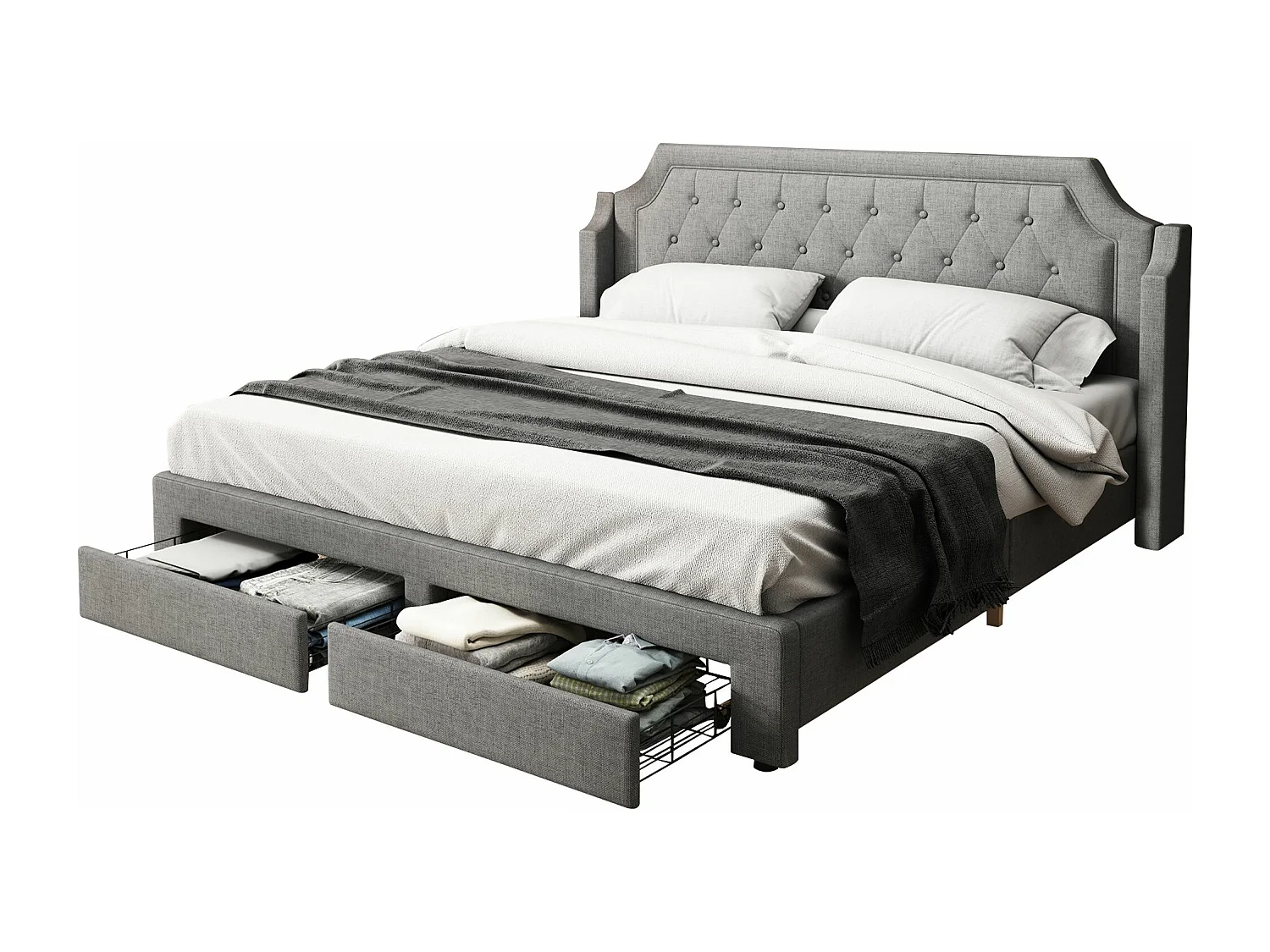 Lit rembourré avec sommier à lattes et tête de lit, avec 2 tiroirs, lit LED, lit d'adolescent,support de lattes en bois,180x200 cm,lin,gris,Sans matelas