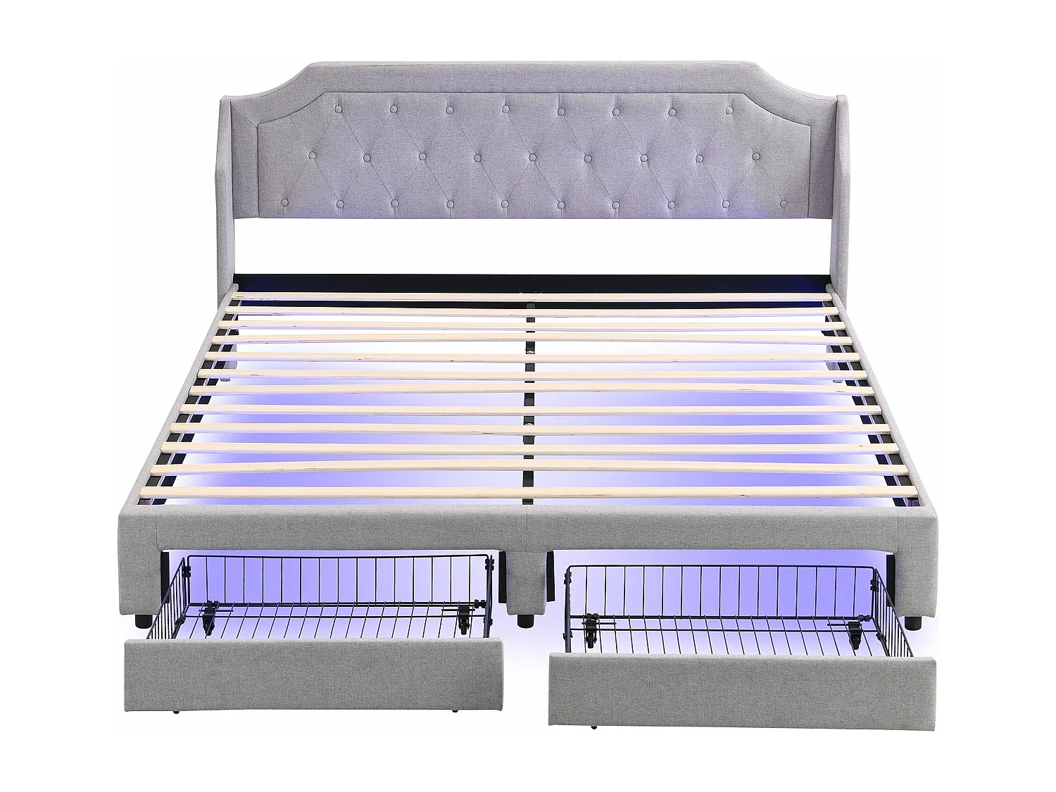 Lit rembourré avec sommier à lattes et tête de lit, avec 2 tiroirs, lit LED, lit d'adolescent,support de lattes en bois,180x200 cm,lin,gris,Sans matelas