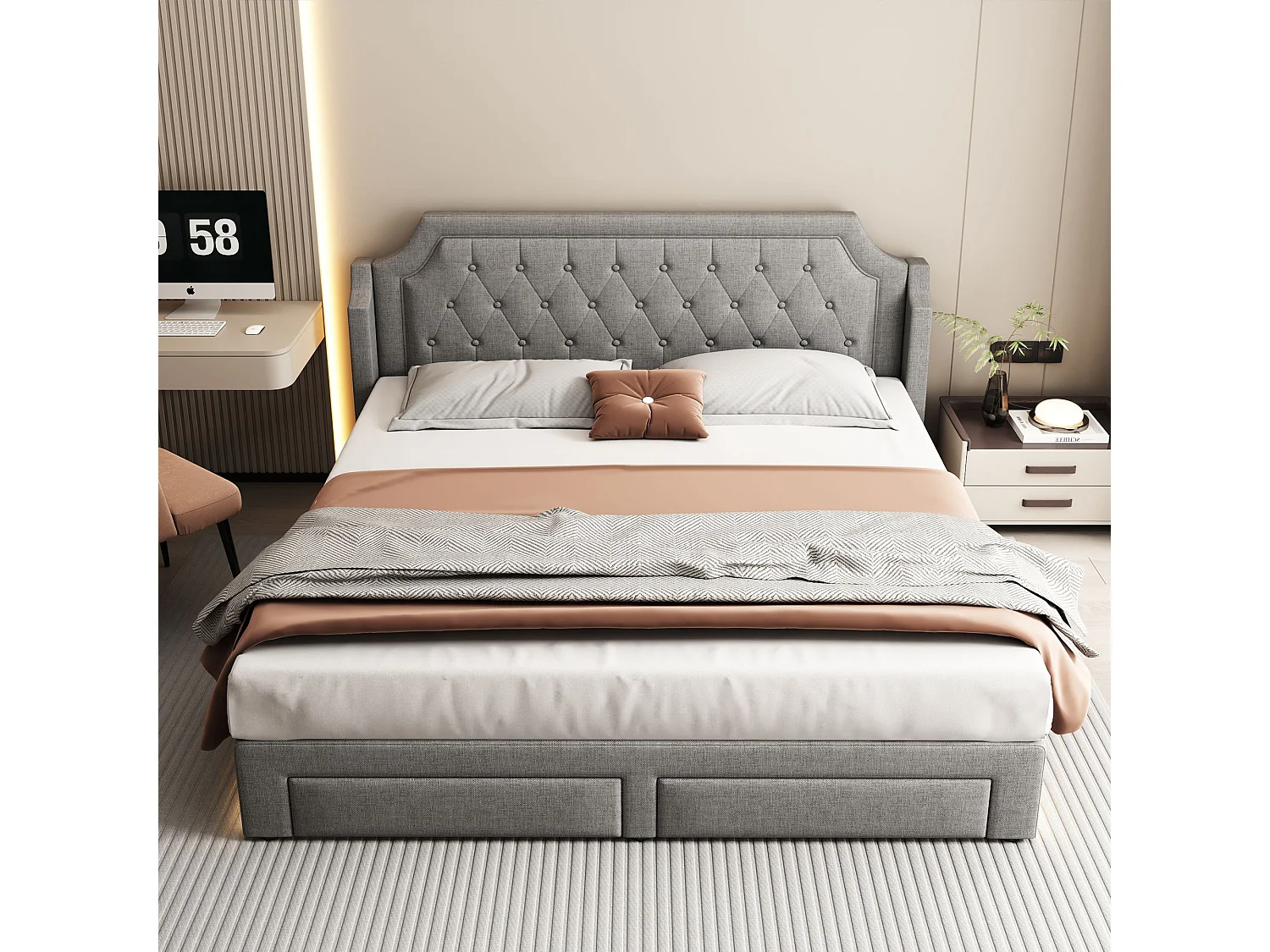 Lit rembourré avec sommier à lattes et tête de lit, avec 2 tiroirs, lit LED, lit d'adolescent,support de lattes en bois,180x200 cm,lin,gris,Sans matelas