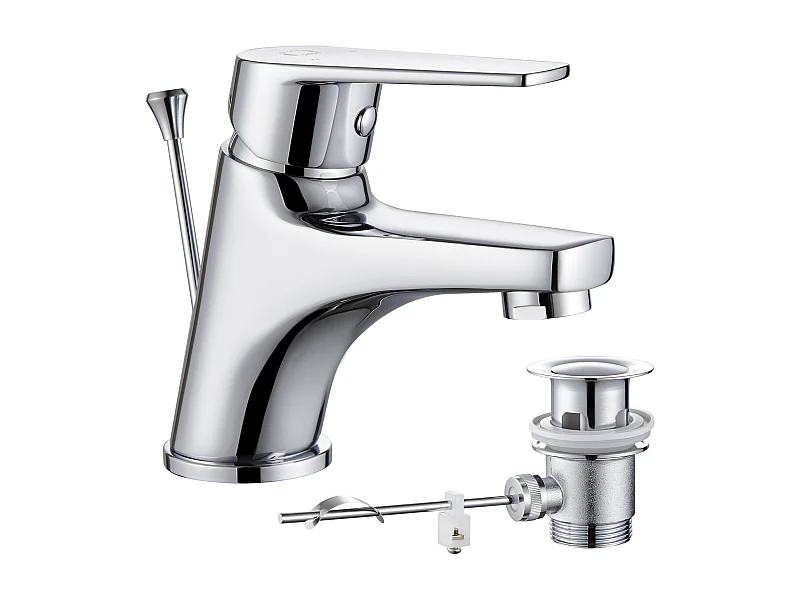 Grifo de maneta para lavabos con vaciador automático，Grifo pequeño para baño, tocador，Cromo，Latón