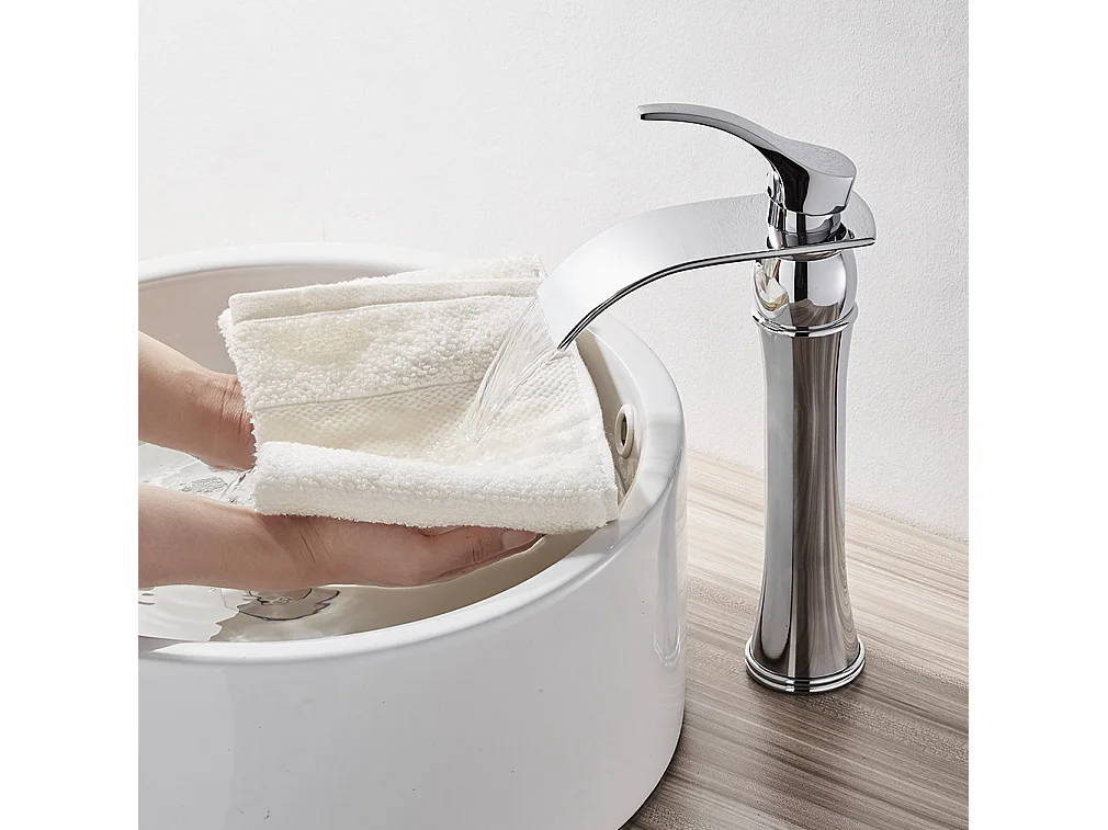 2PCS Grifo monomando Cascade Grifo de Lavabo Baño, Grifería de Baño cascada con caño alto 223mm, Mezclador Monomando para Lavabo, Agua caliente y fría regulables