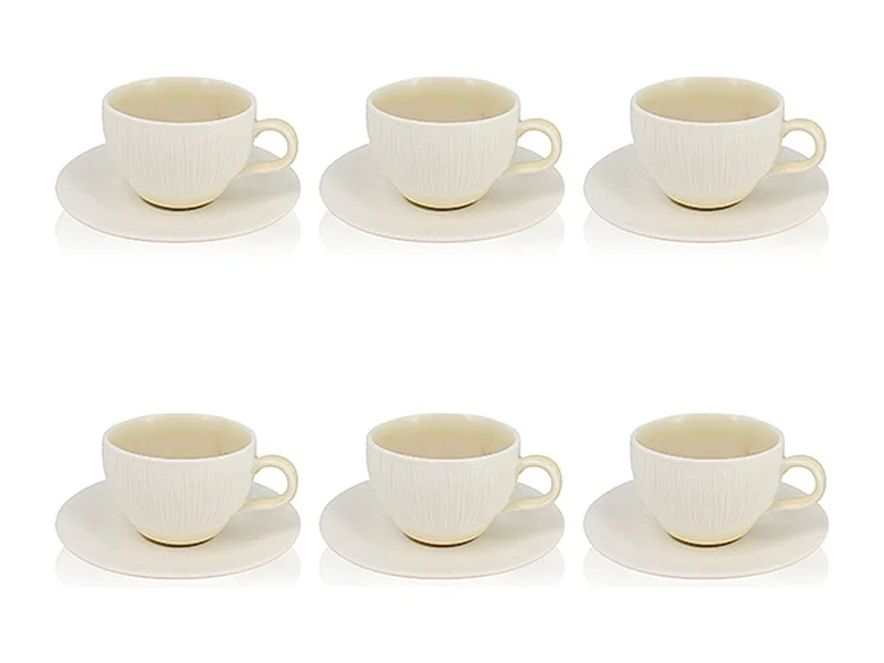 Ogo Living - Lot 6 Tasses 21cl Et Soucoupes 15cm Urus En Porcelaine Beige/blanc
