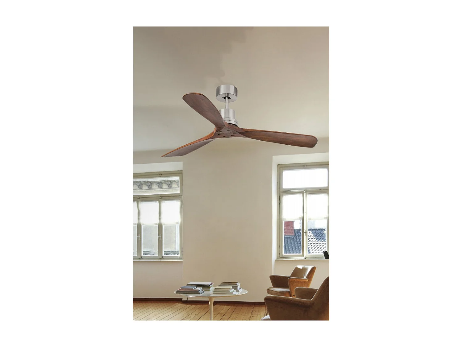 Ventilateur de plafond Faro Barcelona - Lantau L en acier et bois - Moteur CC silencieux, sans lumière, télécommande, 6 vitesses