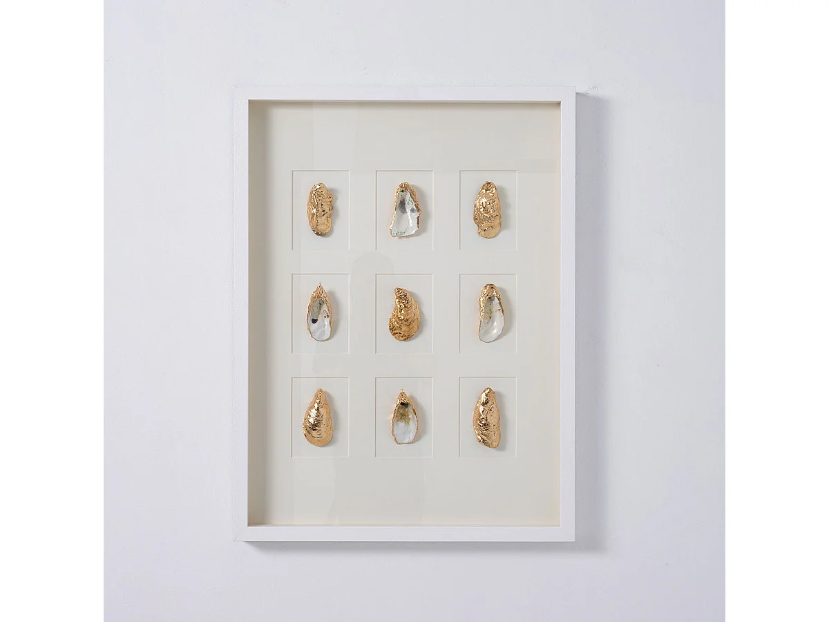Tableau vitrine à huîtres coloris blanc, doré avec cadre blanc  - Longueur 80 x Profondeur 5 x Hauteur 60 cm