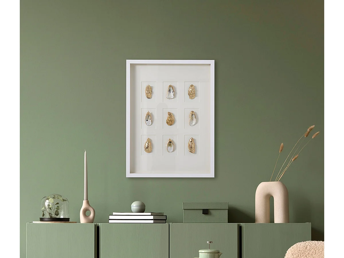 Tableau vitrine à huîtres coloris blanc, doré avec cadre blanc  - Longueur 80 x Profondeur 5 x Hauteur 60 cm