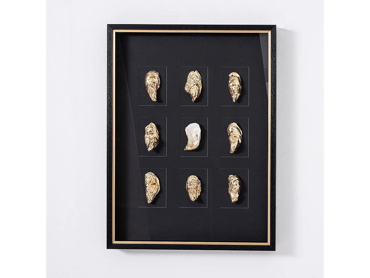 Tableau vitrine à huîtres coloris noir, doré avec cadre en bois - Longueur 80  x Profondeur  5 x Hauteur 60 cm