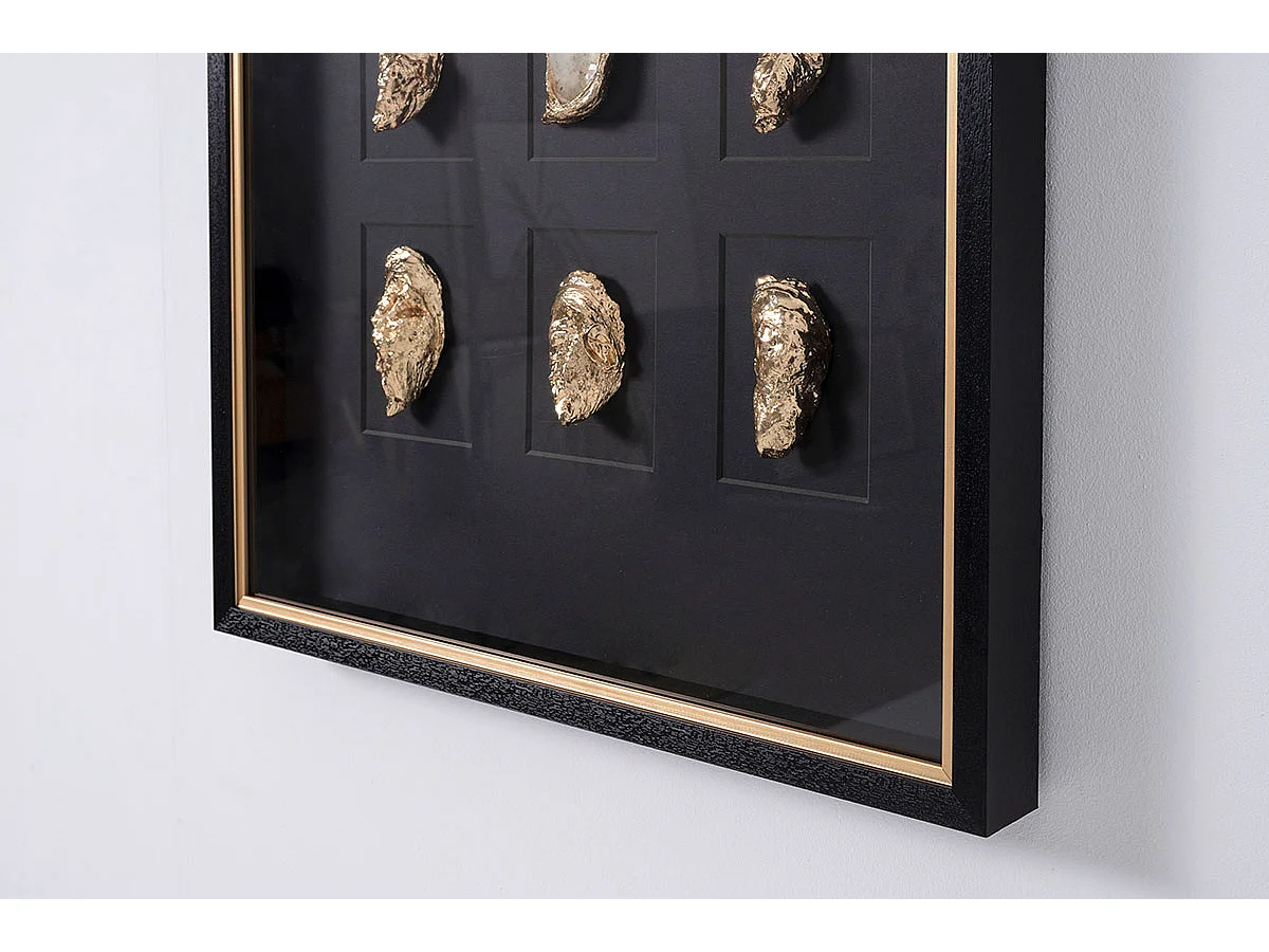 Tableau vitrine à huîtres coloris noir, doré avec cadre en bois - Longueur 80  x Profondeur  5 x Hauteur 60 cm