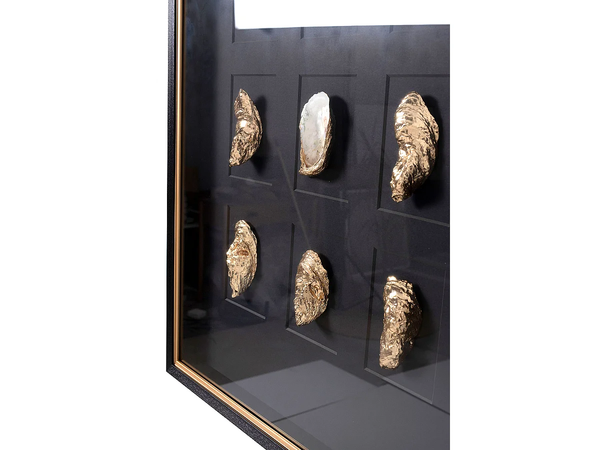 Tableau vitrine à huîtres coloris noir, doré avec cadre en bois - Longueur 80  x Profondeur  5 x Hauteur 60 cm
