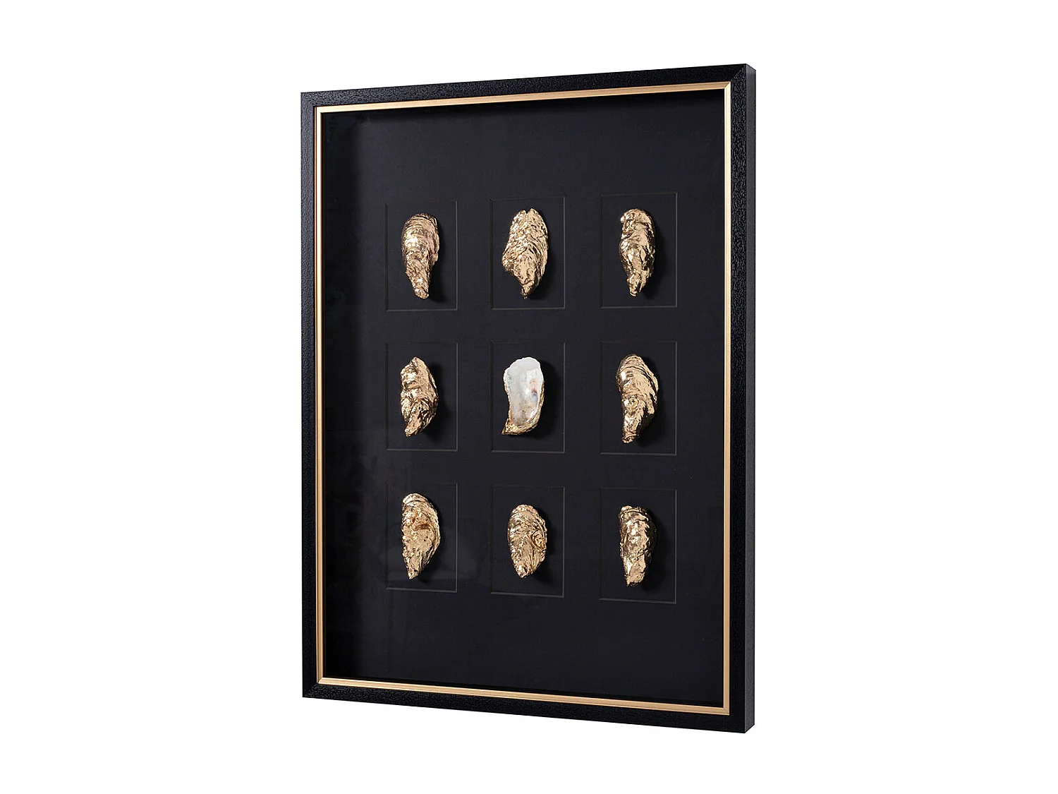 Tableau vitrine à huîtres coloris noir, doré avec cadre en bois - Longueur 80  x Profondeur  5 x Hauteur 60 cm