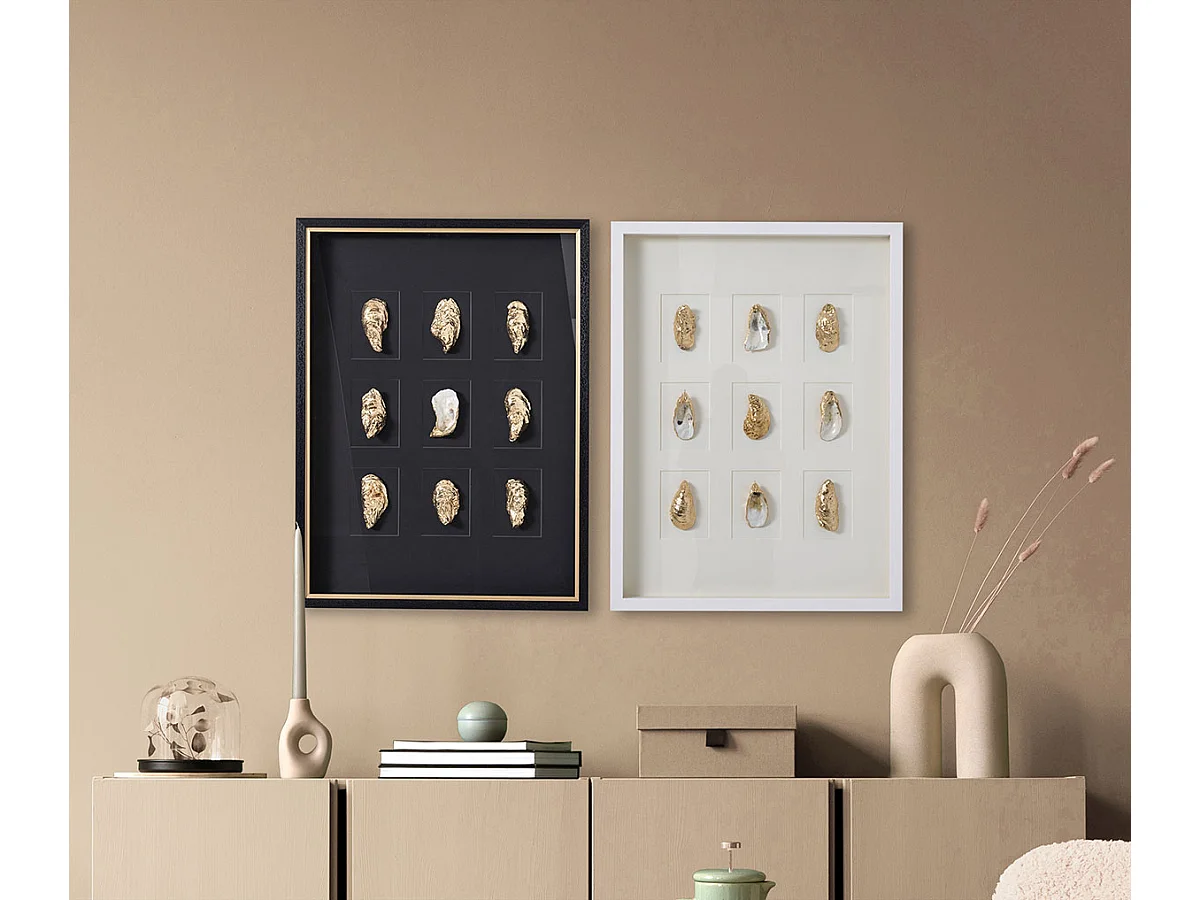 Tableau vitrine à huîtres coloris noir, doré avec cadre en bois - Longueur 80  x Profondeur  5 x Hauteur 60 cm