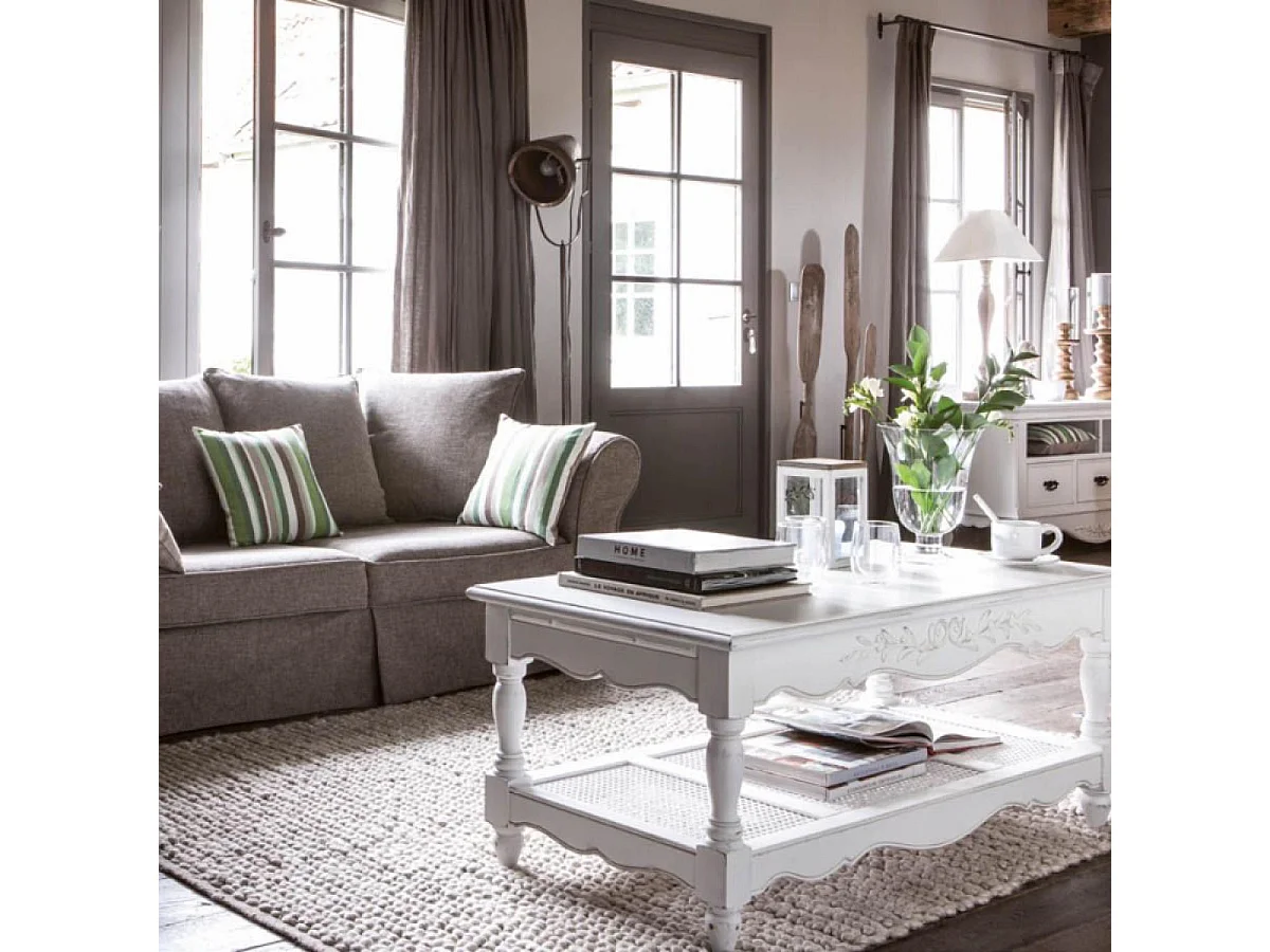 Table basse rectangulaire cannée Bois Blanc - Romance Interior's