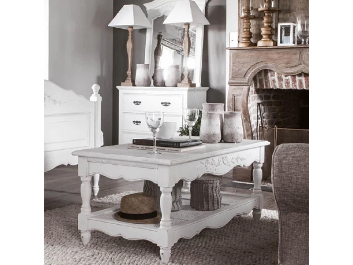 Table basse rectangulaire cannée Bois Blanc - Romance Interior's