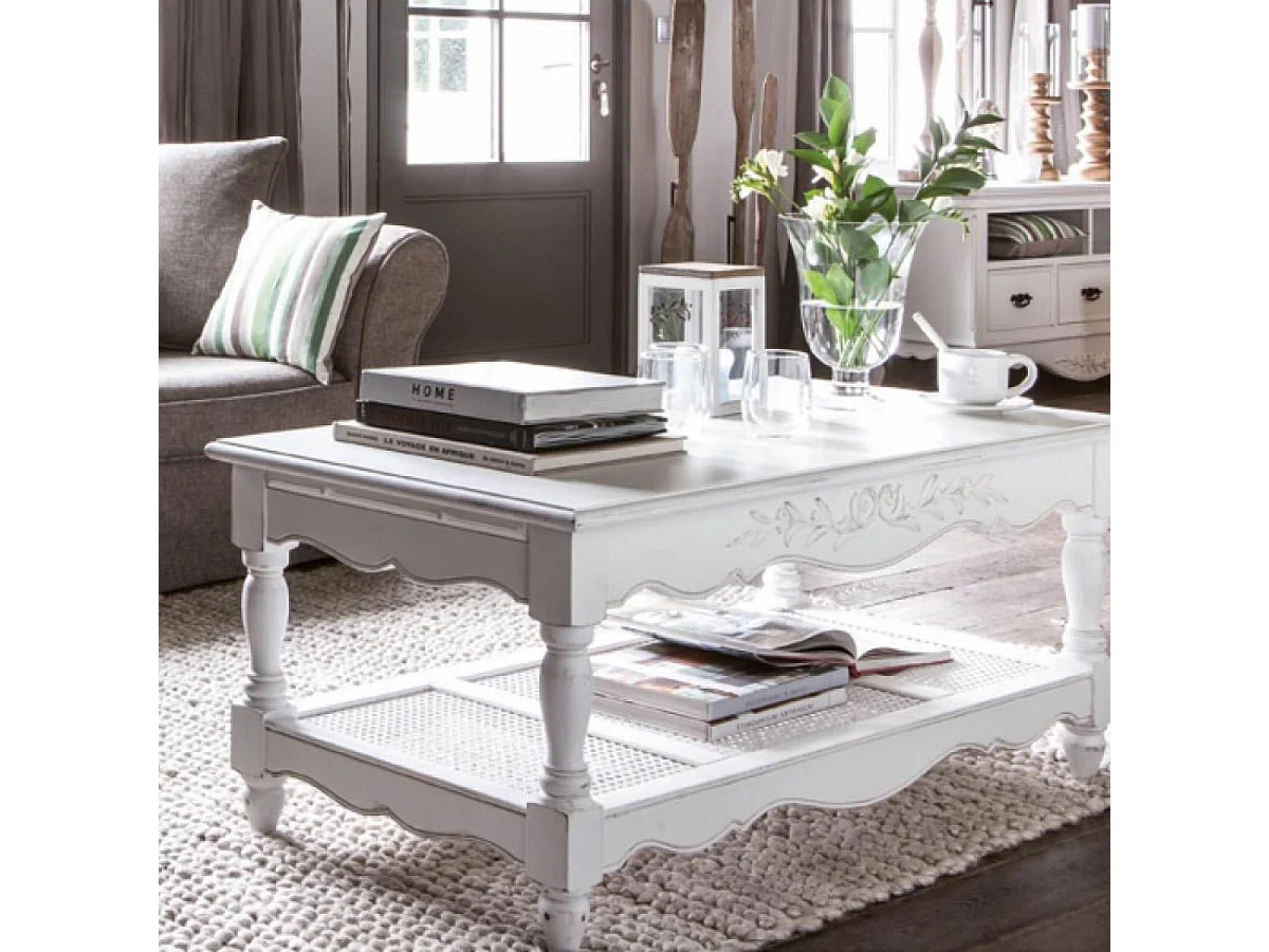 Table basse rectangulaire cannée Bois Blanc - Romance Interior's