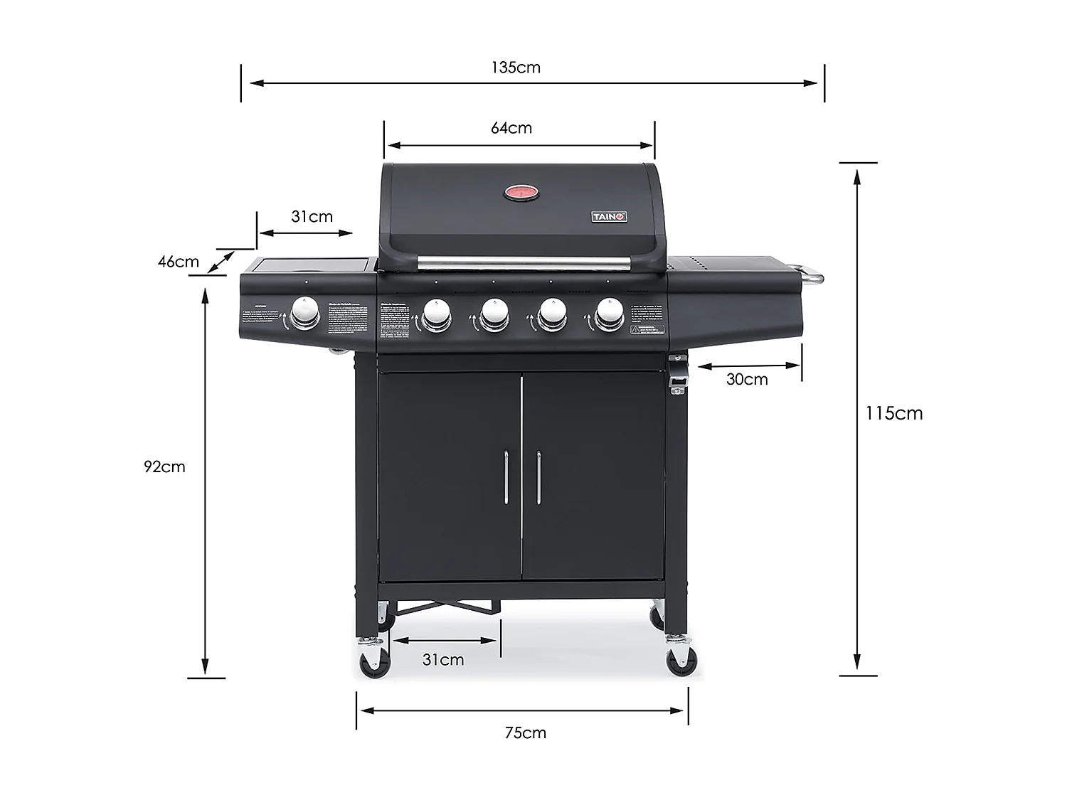 TAINO RED 4+1 Barbecue à gaz Chariot pour barbecue brûleur en acier inoxydable + cuisinière latérale noir