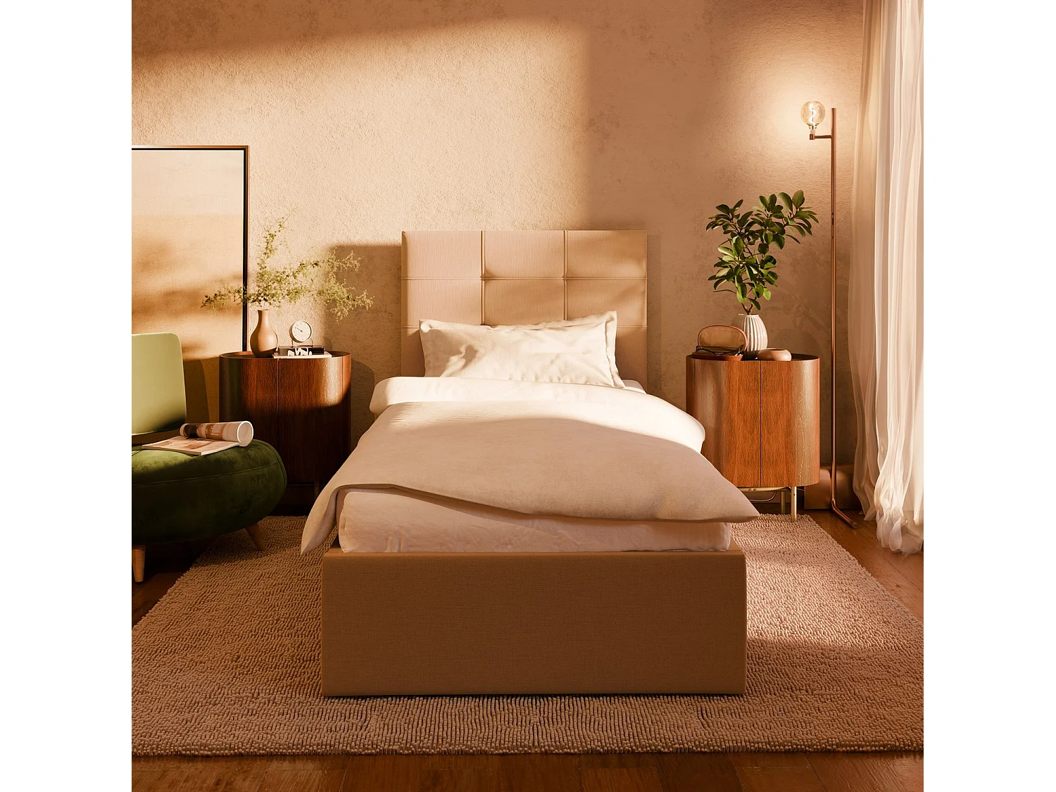 Gepolstertes Bett mit Kopfteil 90x200 cm, mit Bettkasten, Blau