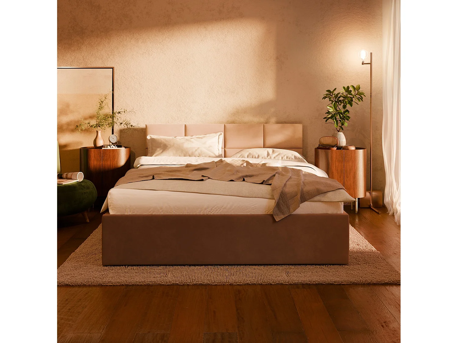 Gepolstertes Bett mit Kopfteil 140x200 cm, mit Bettkasten, Schwarz