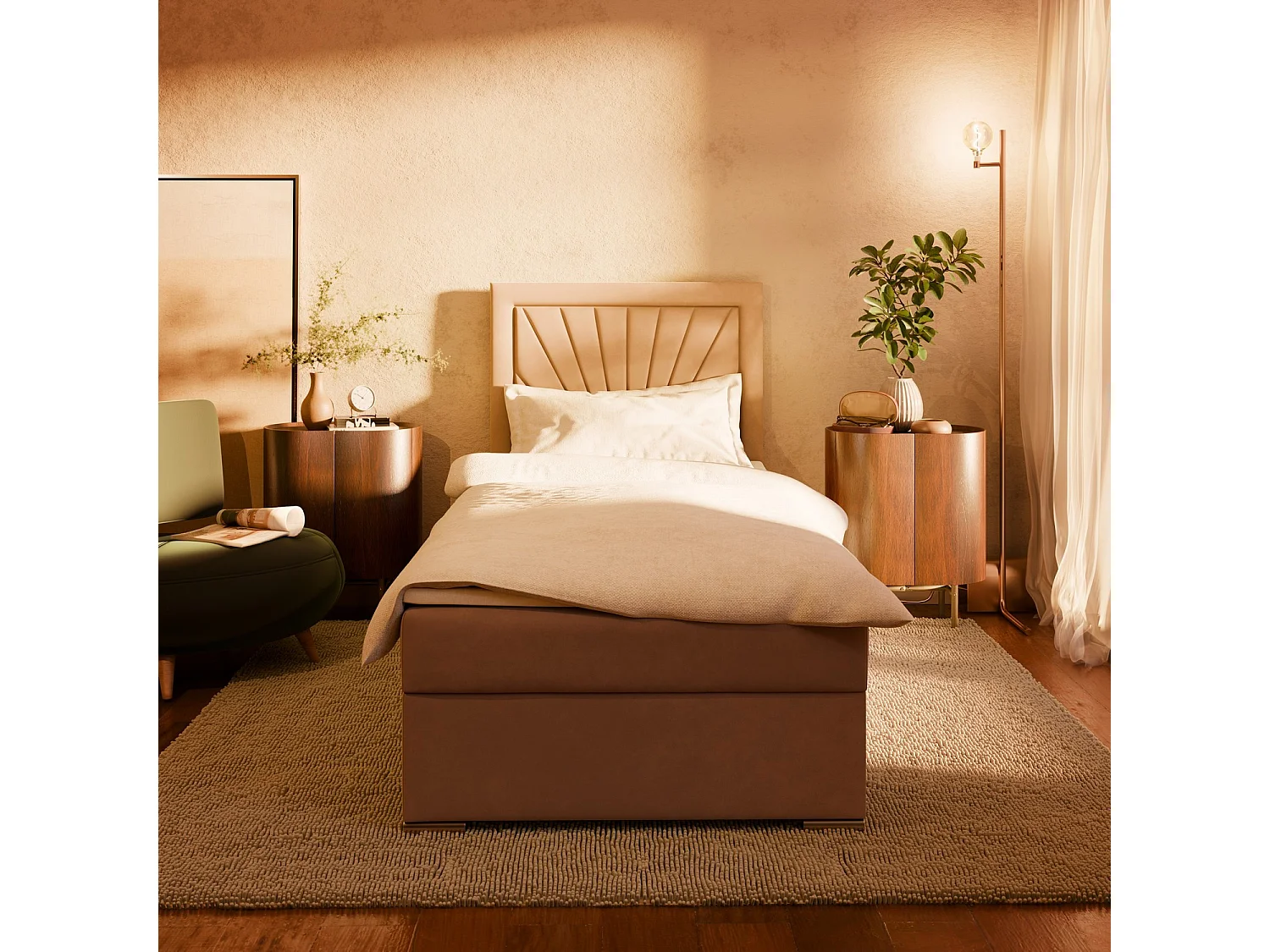 Kontinentales Bett mit Kopfteil 90x200 cm, mit Bettkasten, Grau