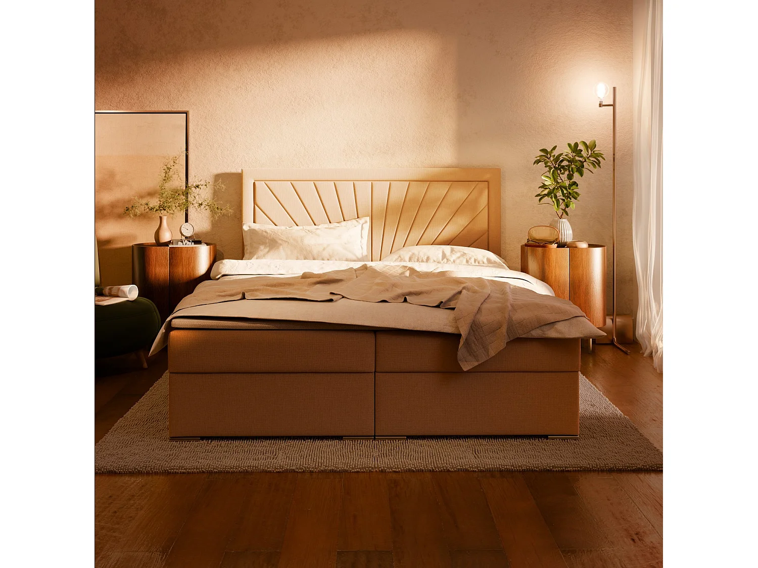 Kontinentales Bett mit Kopfteil 140x200 cm, mit Bettkasten, Grau