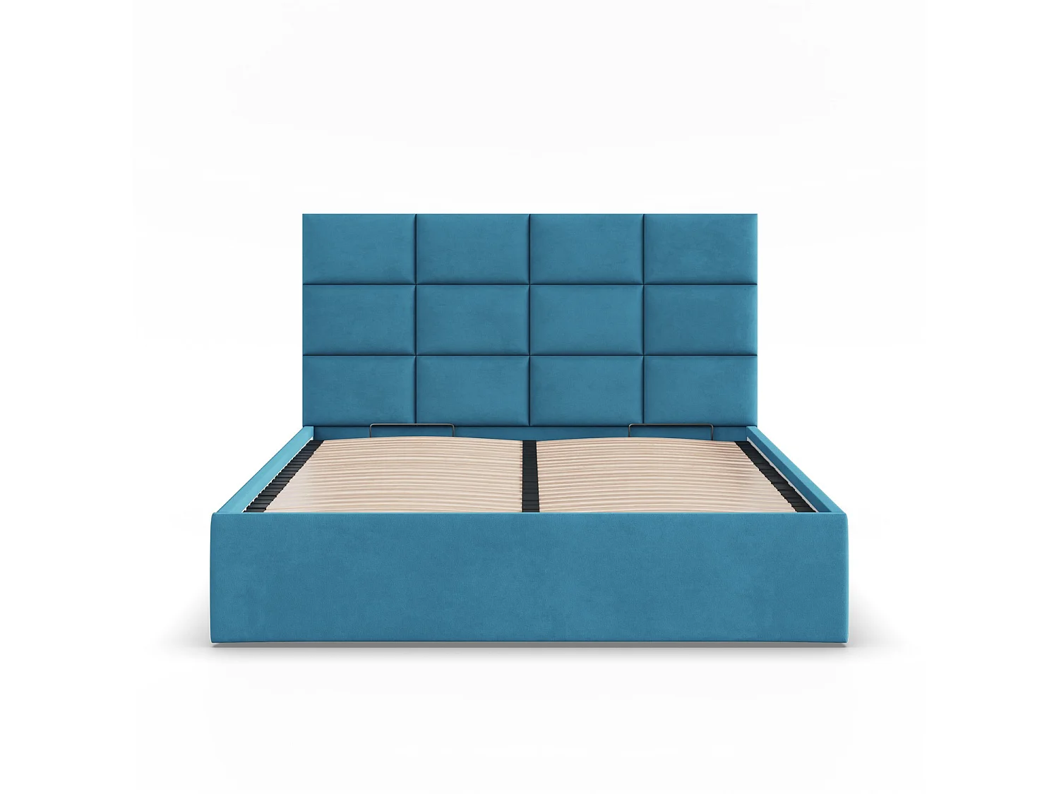 Łóżko tapicerowane z zagłówkiem 140x200 cm, z pojemnikiem na łóżko, kolor niebieski