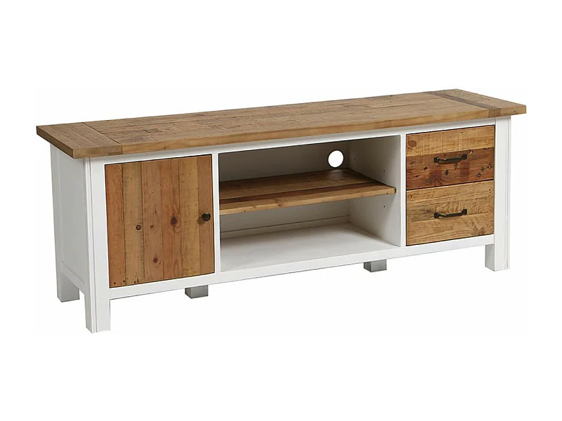 Meuble tv avec rangements Bois Blanc - Rivages Interior's