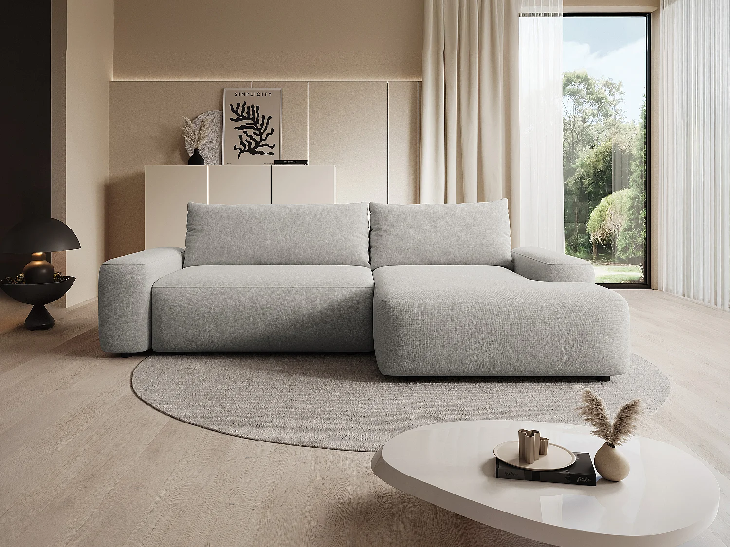 Canapé d'angle droit convertible en tissu texturé gris clair DAVISO