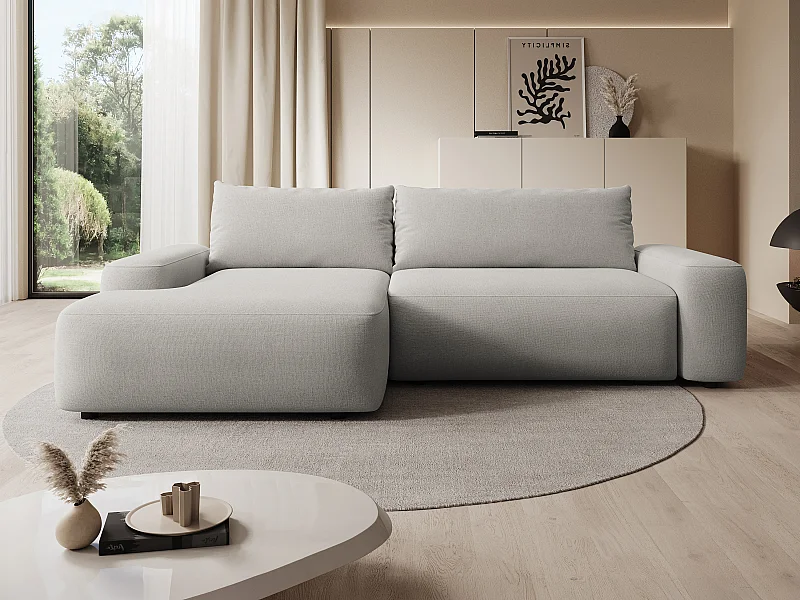 Hoekslaapbank met hoek links van lichtgrijze stof met textuur DAVISO