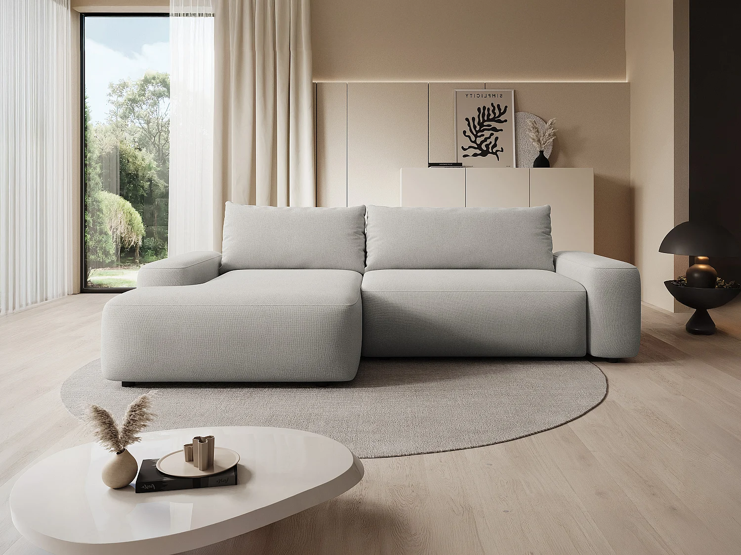 Canapé d'angle gauche convertible en tissu texturé gris clair DAVISO