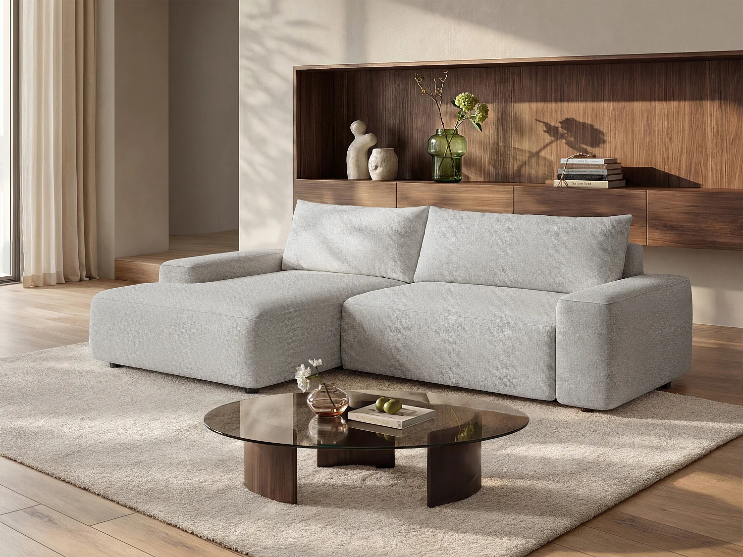 Left-hand convertible corner sofa in light grey textured fabric DAVISO