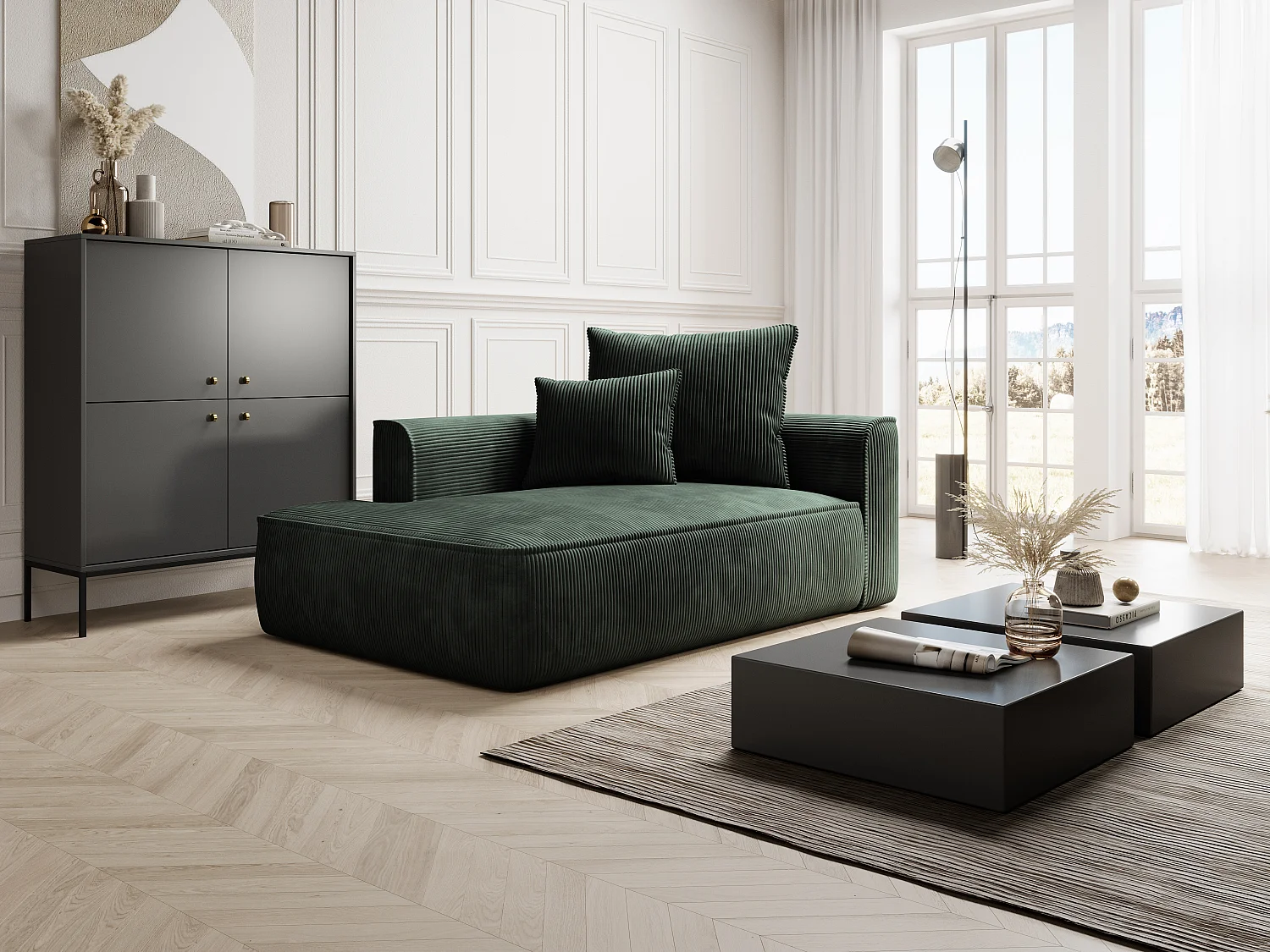 Chaise longue met hoek links van groen ribfluweel PINETA