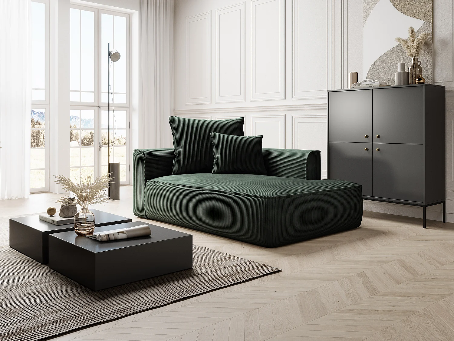 Chaise longue met hoek rechts van groen ribfluweel PINETA