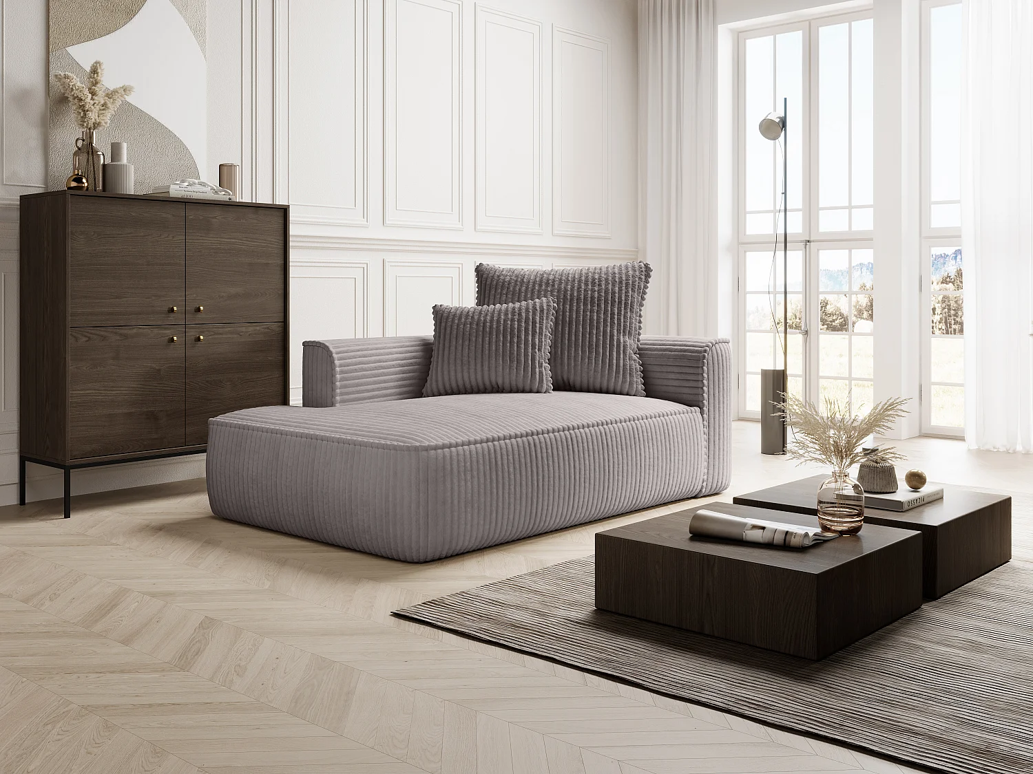 Chaise longue met hoek links van lichtgrijs ribfluweel met grove ribbels PINETA