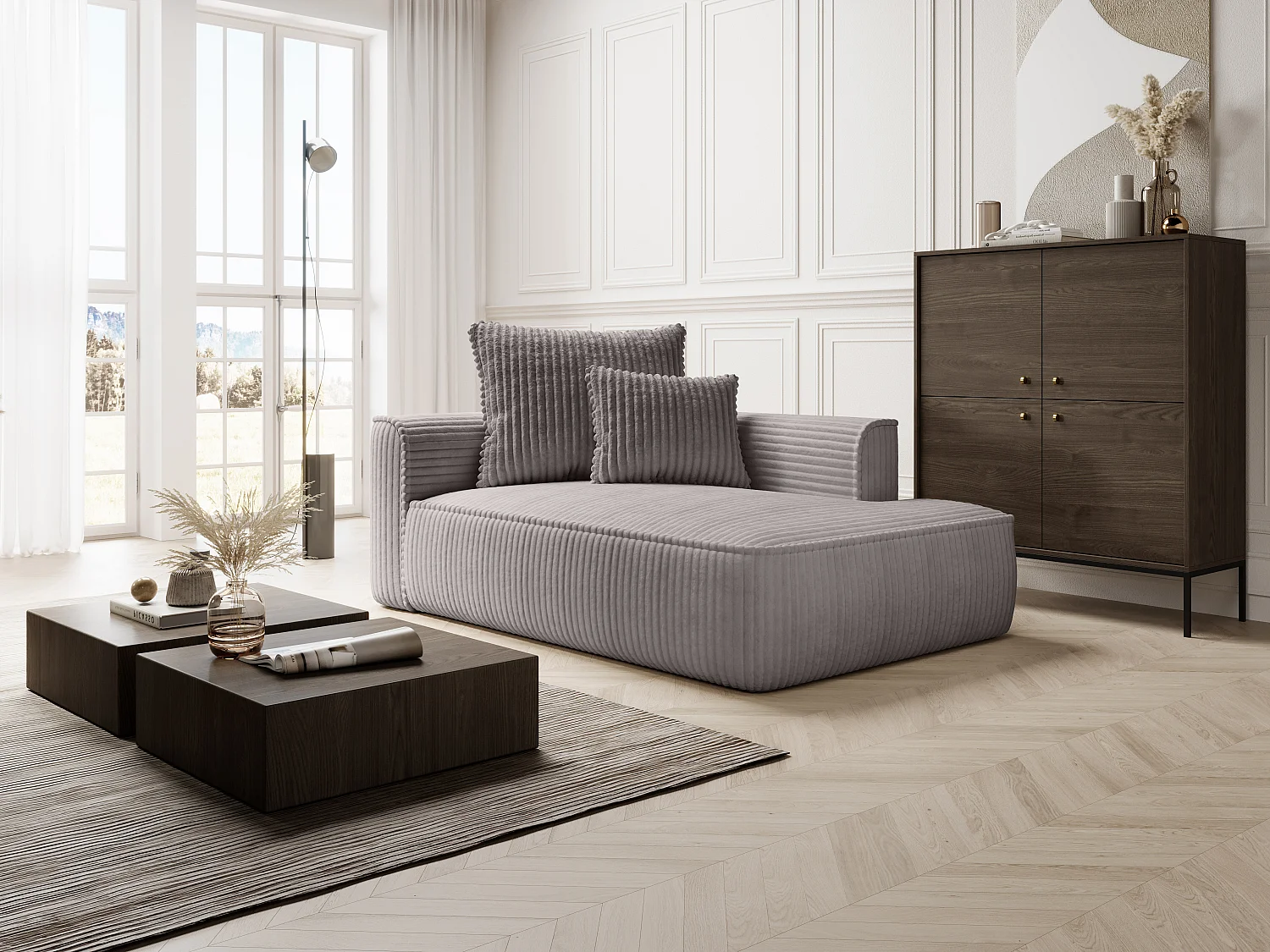 Méridienne droite en velours côtelé grosses côtes gris clair PINETA