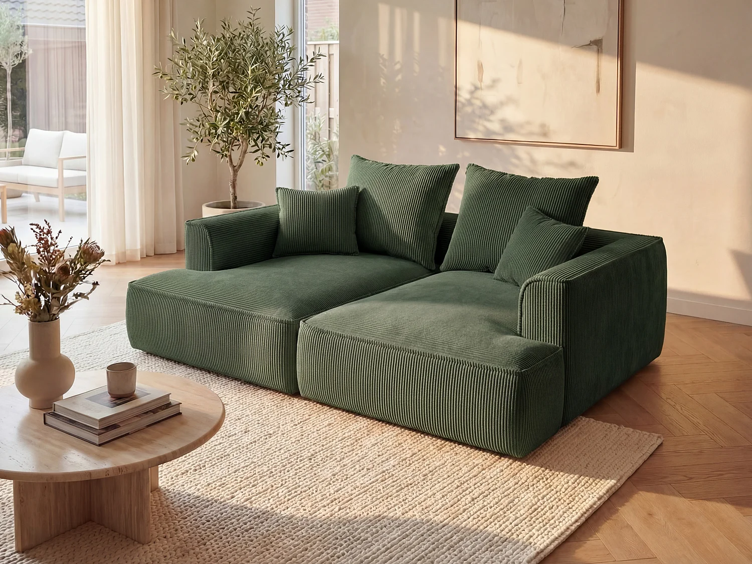 Comfortabele driezitsbank met diepe zitting van groen ribfluweel PINETA