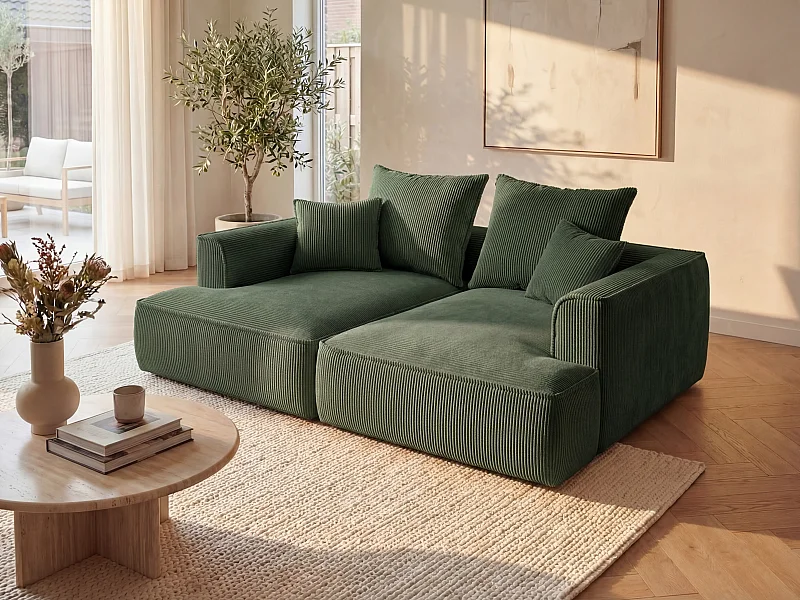 Canapé 3 places confort assise profonde en velours côtelé vert PINETA