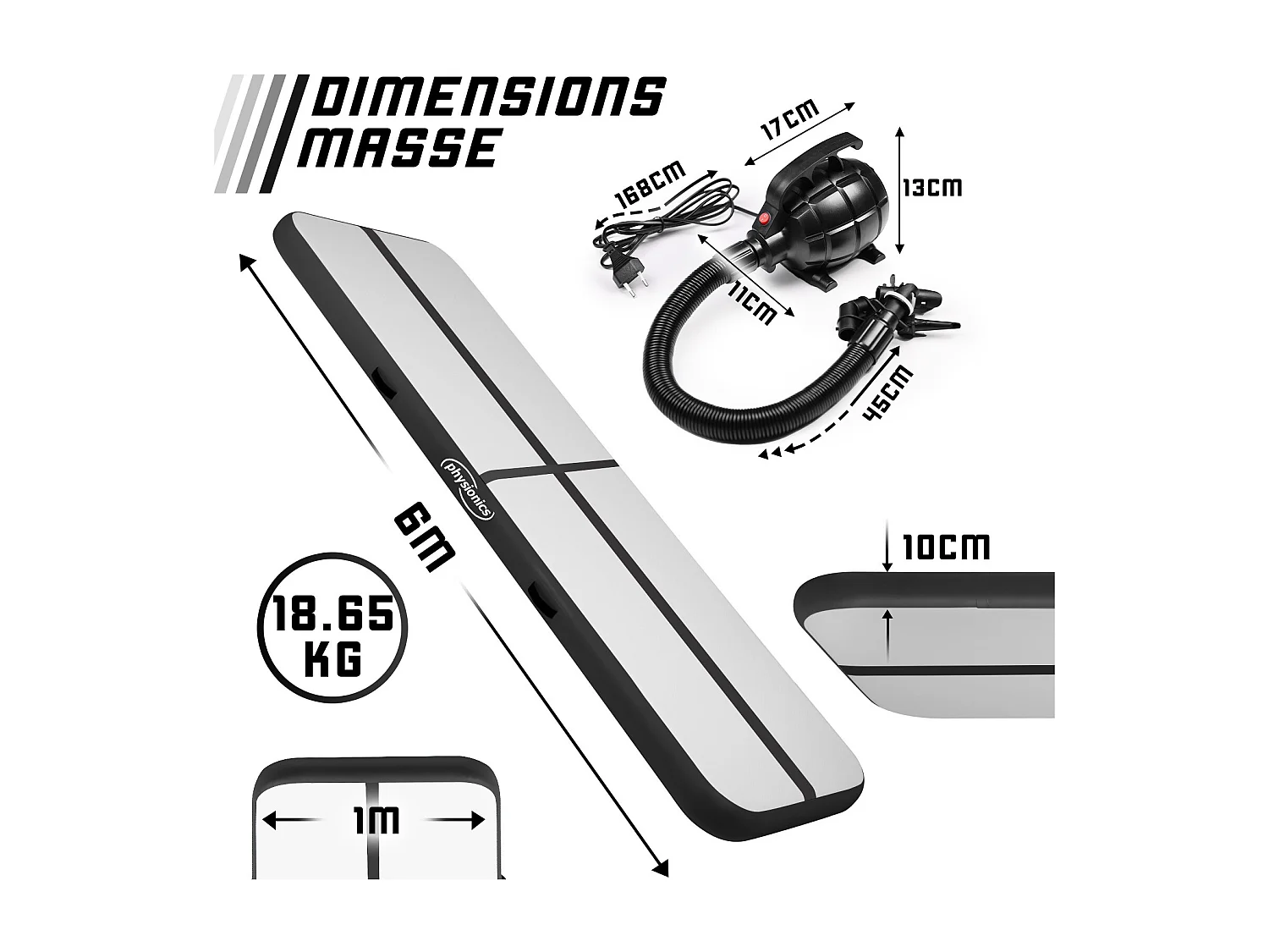 Tapis de gymnastique / Tapis de yoga - 600 x 100 x 10 cm - avec pompe électrique - noir