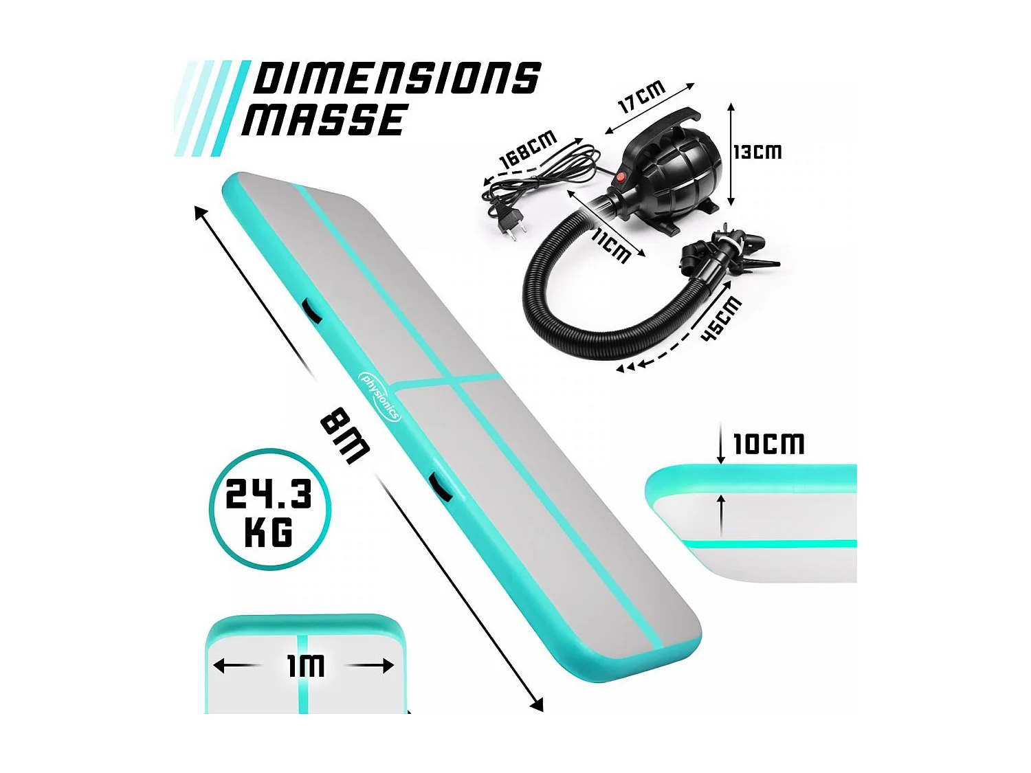 Turnmat / Yogamat - 800 x 100 x 10 cm - met elektrische pomp - Mintgroen