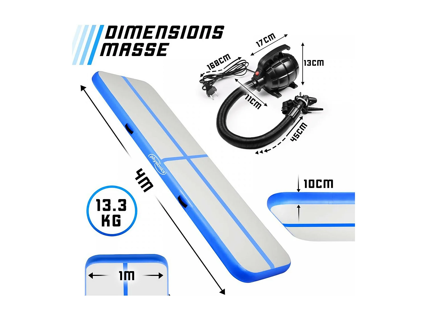 Turnmat / Yogamat - 400 x 100 x 10 cm - met elektrische pomp - Blauw