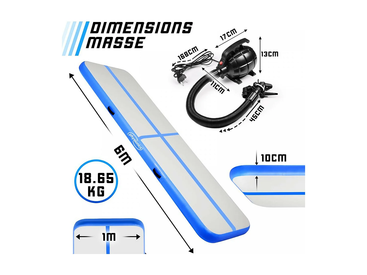 Turnmat / Yogamat - 600 x 100 x 10 cm - met elektrische pomp - Blauw