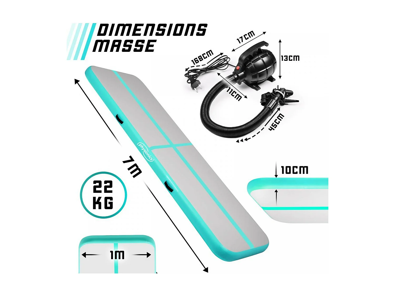 Turnmat / Yogamat - 700 x 100 x 10 cm - met elektrische pomp - Mintgroen