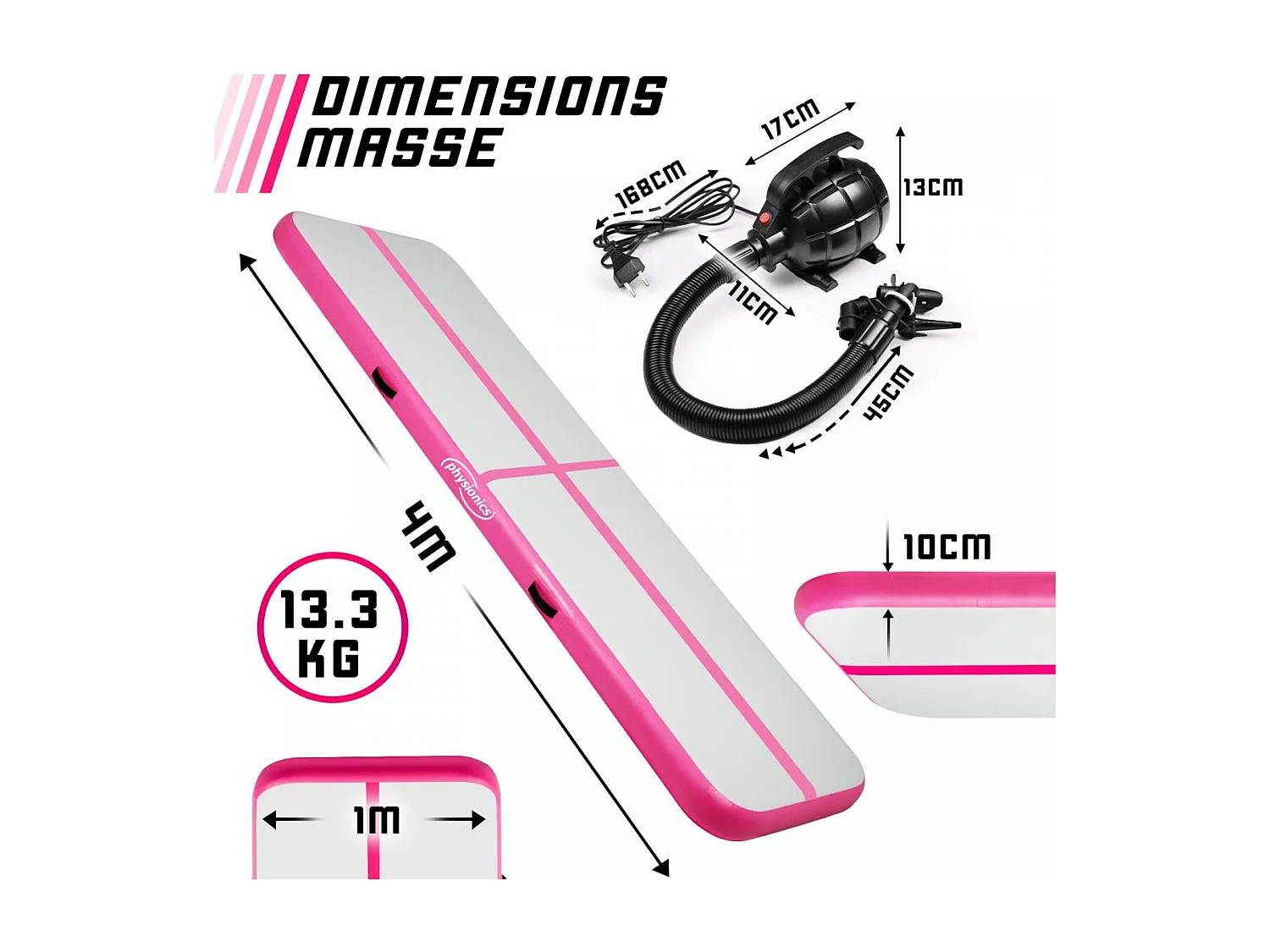 Tapis de gymnastique / Tapis de yoga - 400 x 100 x 10 cm - avec pompe électrique - rose