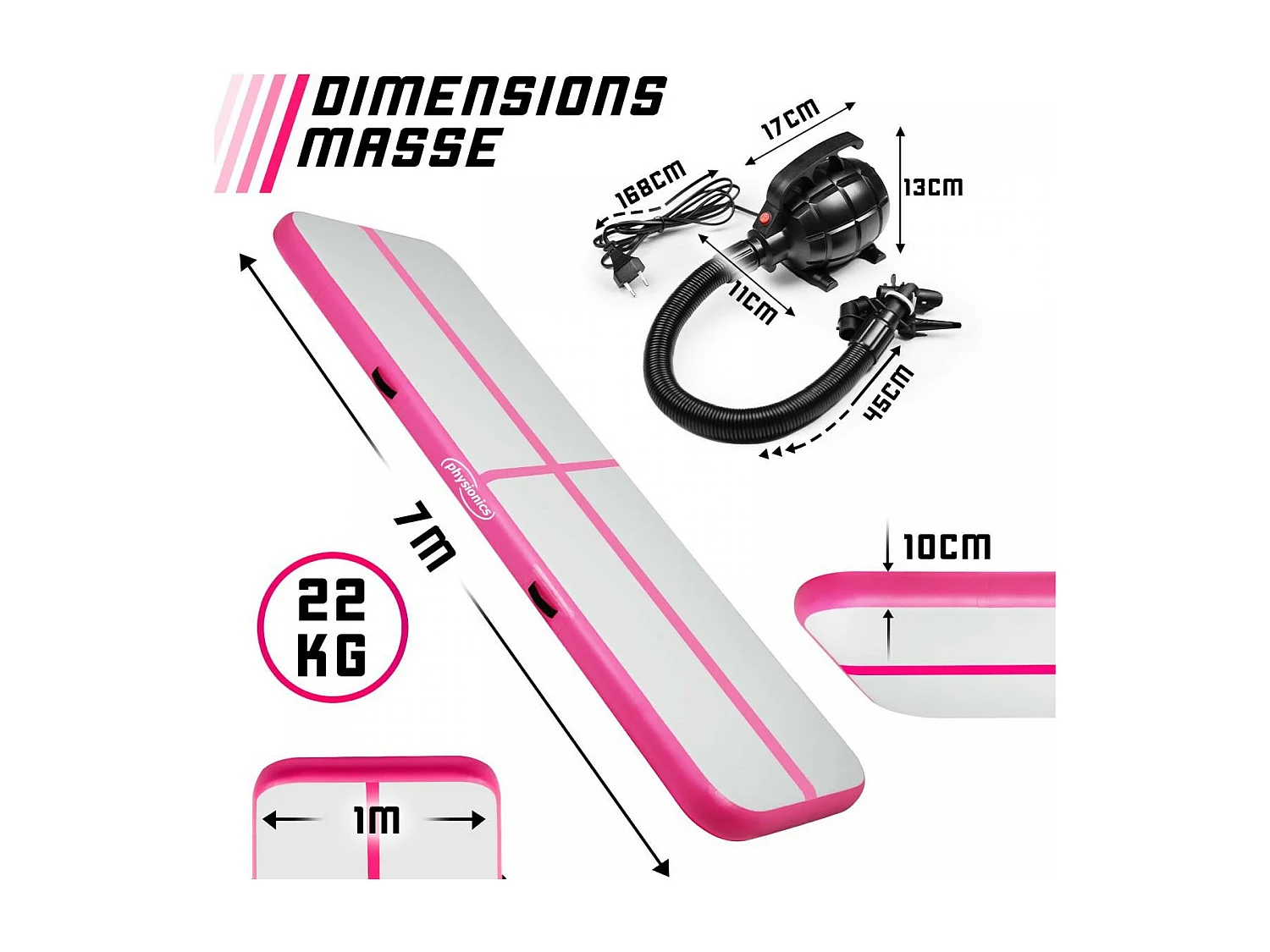 Tapis de gymnastique / Tapis de yoga - 700 x 100 x 10 cm - avec pompe électrique - rose