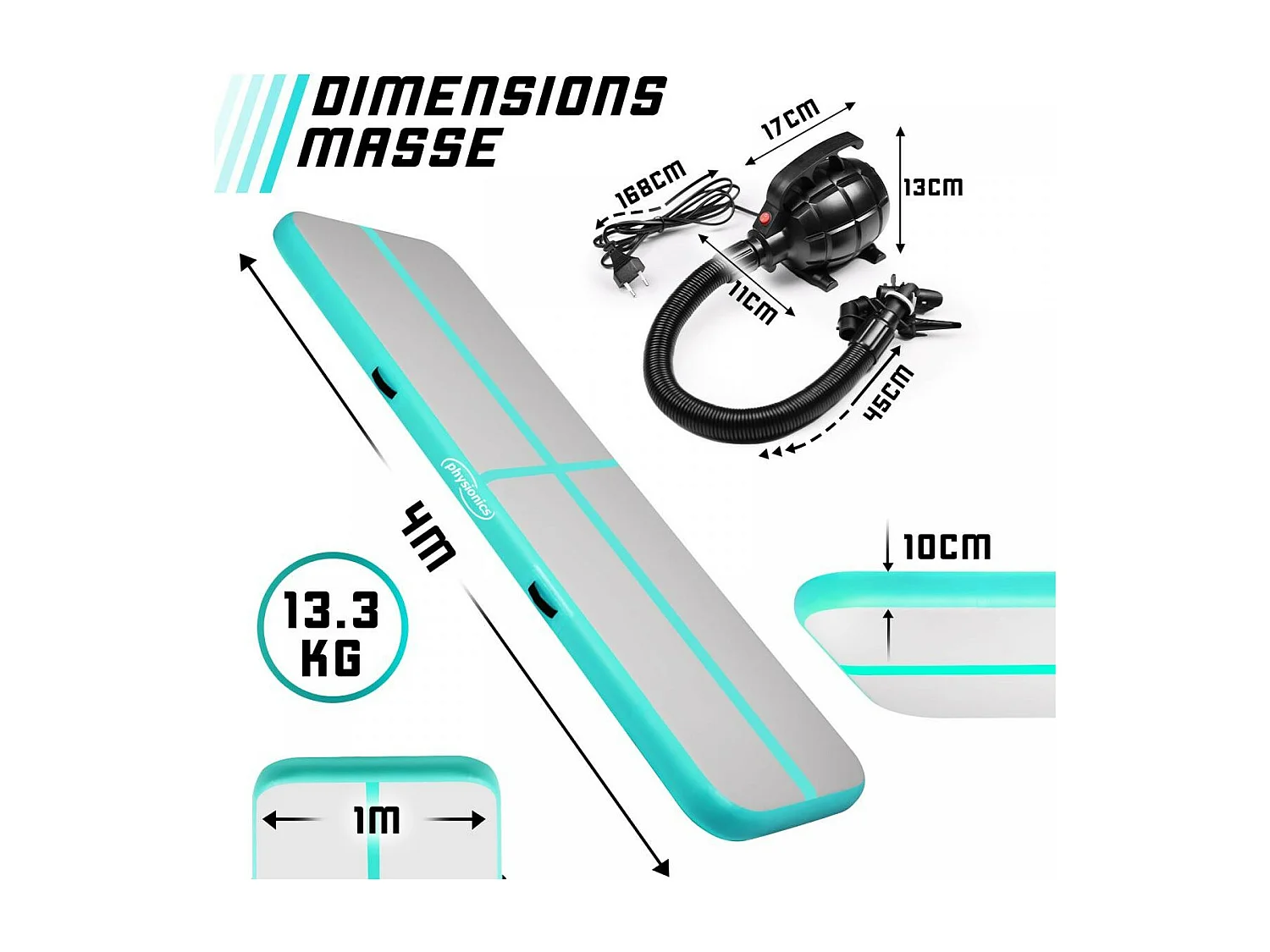 Turnmat / Yogamat - 400 x 100 x 10 cm - met elektrische pomp - Mintgroen