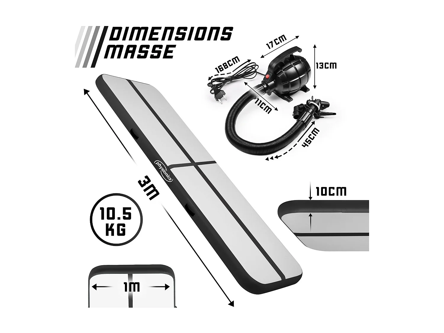 Turnmat / Yogamat - 300 x 100 x 10 cm - met elektrische pomp - Zwart